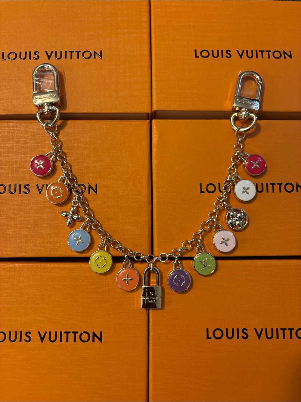 LV Multicolor Enamel Disc Charm Chain Key Holder with Gold Hardware